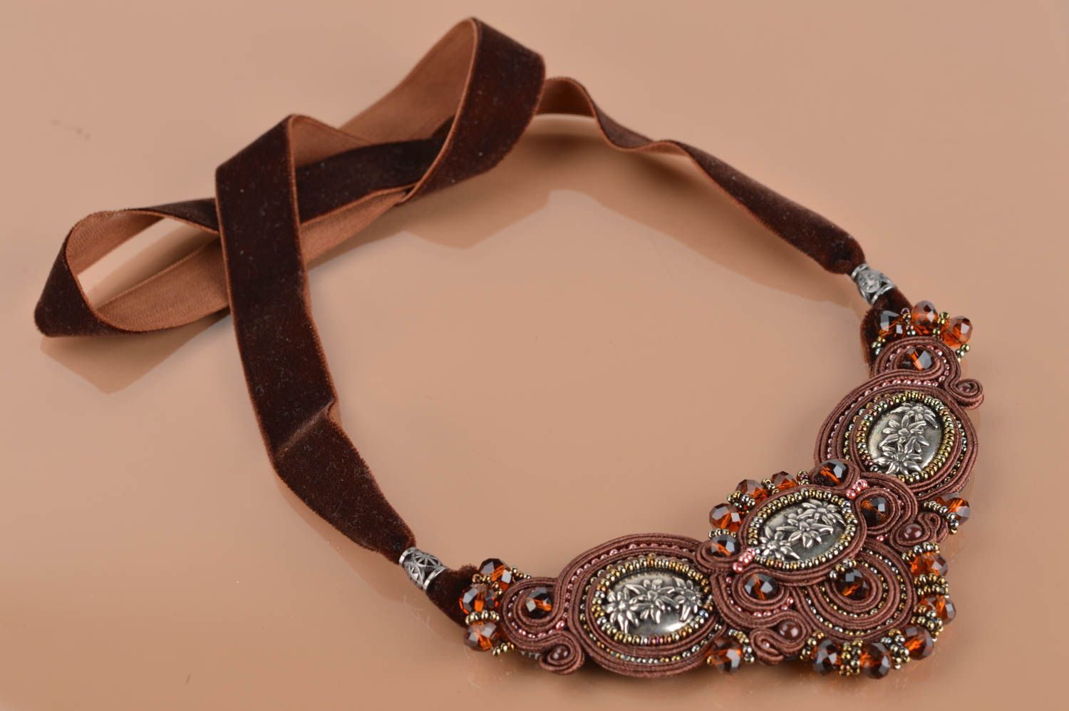 Beautiful women's handmade designer evening soutache necklace with beads photo 2