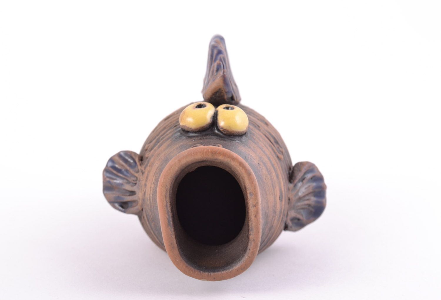Handmade decorative ceramic figurine of fish with open mouth painted with glaze  photo 5