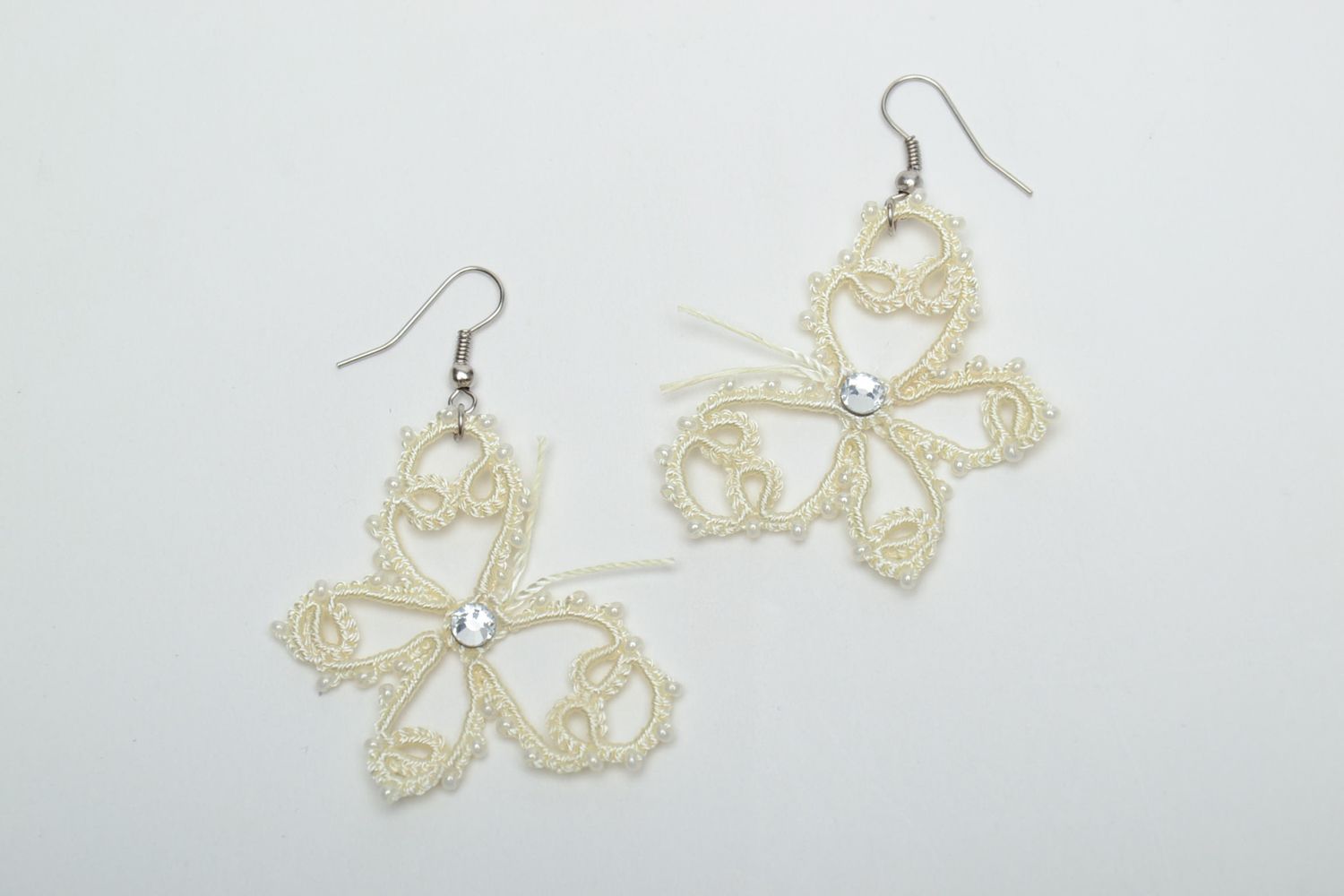 Lace earrings with beads made using tatting technique photo 2