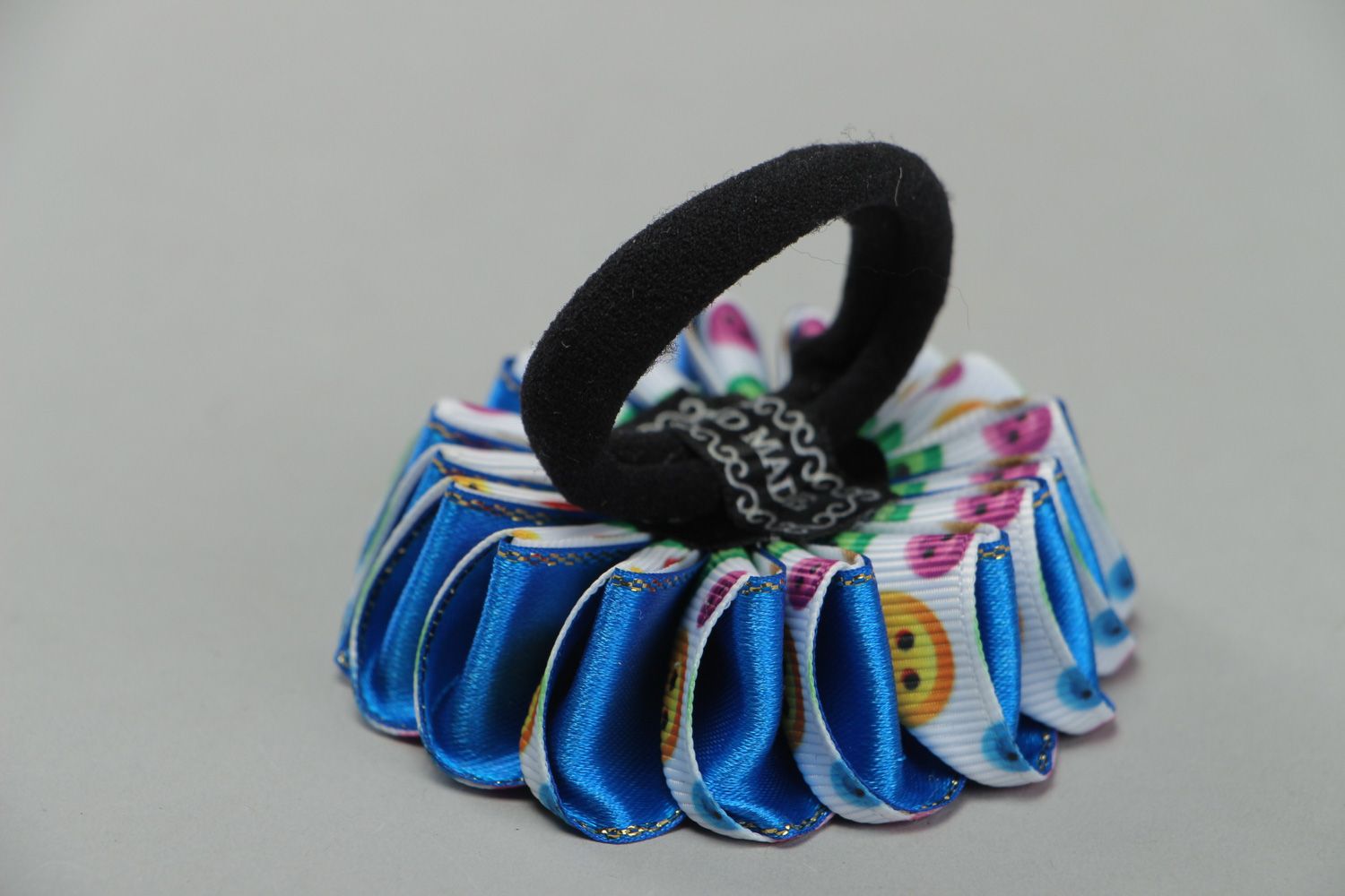Handmade motley hair tie with volume kanzashi flower made of rep and satin ribbons photo 3