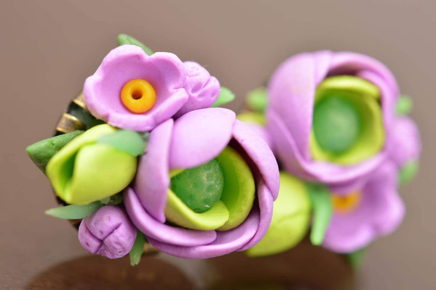 Handmade designer polymer clay stud earrings volume flower bouquets violet green photo 4