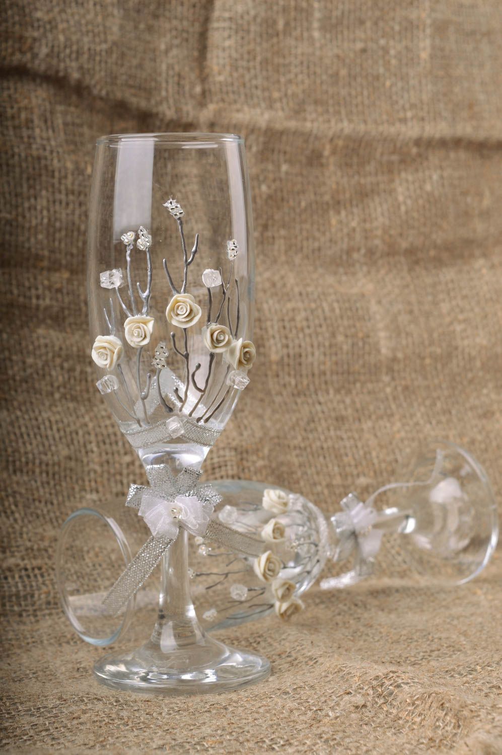 Handmade wedding glasses for champagne with stucco work 2 pieces photo 1