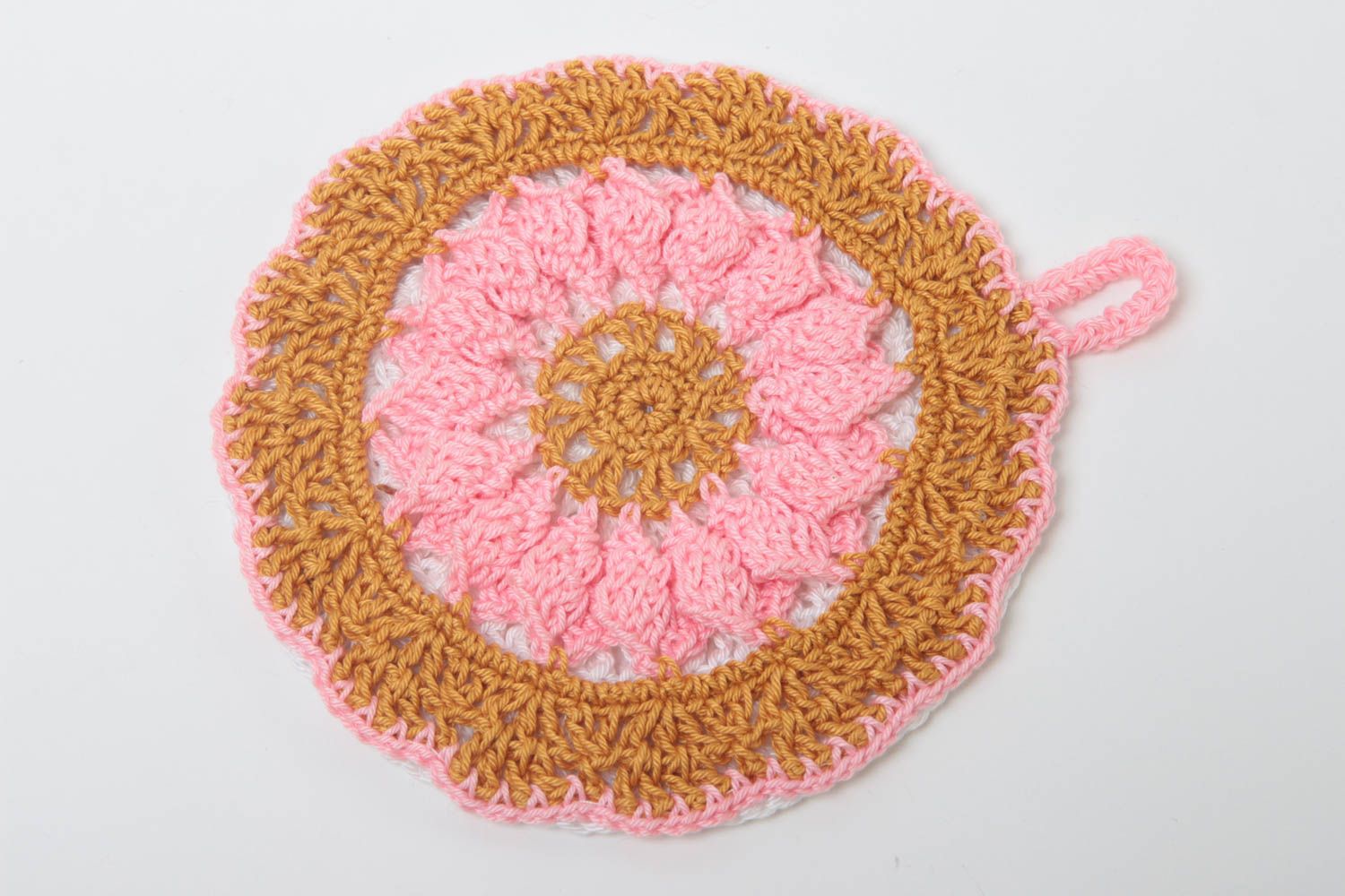 Handmade runder Topflappen gehäkelt Küchen Textilien Haus Deko orange rosa foto 2