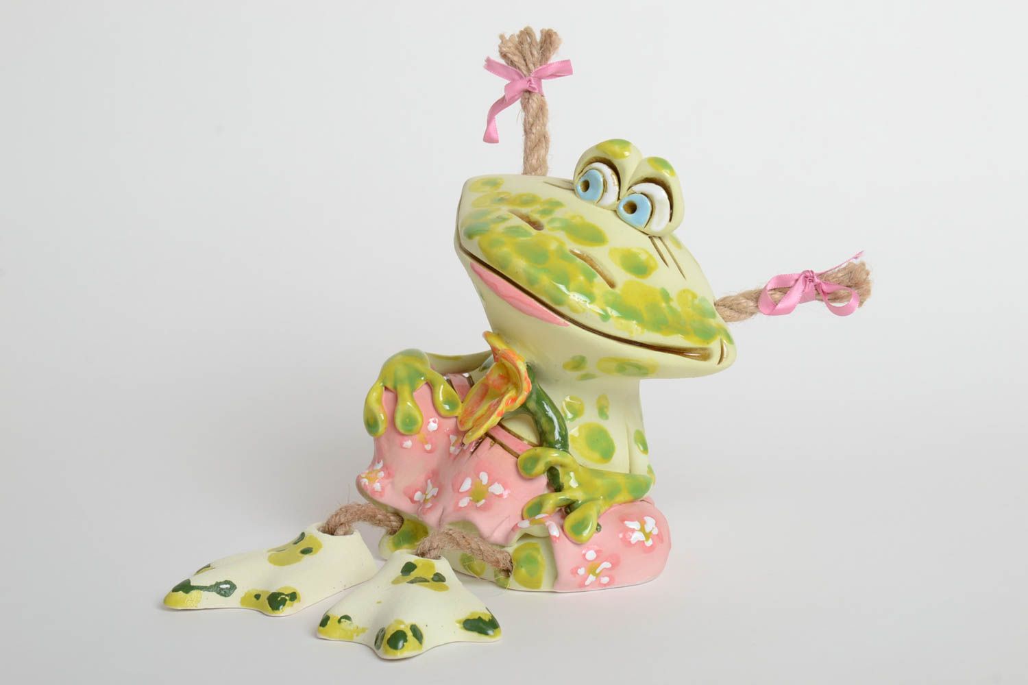 Handmade Keramik Spardose Geschenk für Kinder Haus Deko aus Ton Frosch mit Blume foto 2
