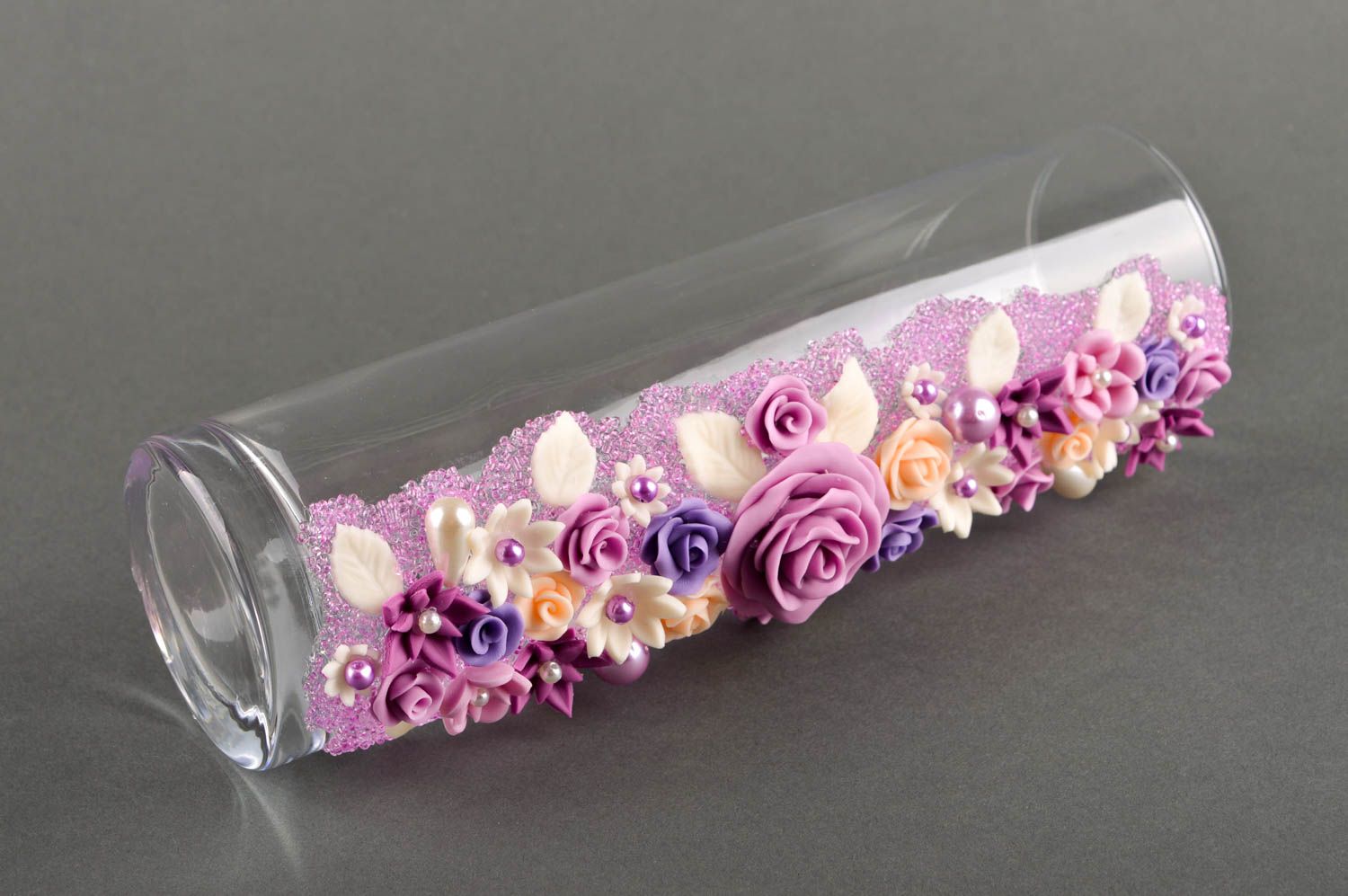 12 inches clear glass decorative flower vase with pink and purple flowers 1,5 lb photo 4