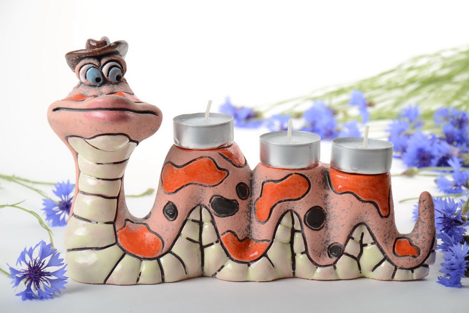 Handmade designer ceramic painted candle holder for 2 candles Snake in Hat photo 1