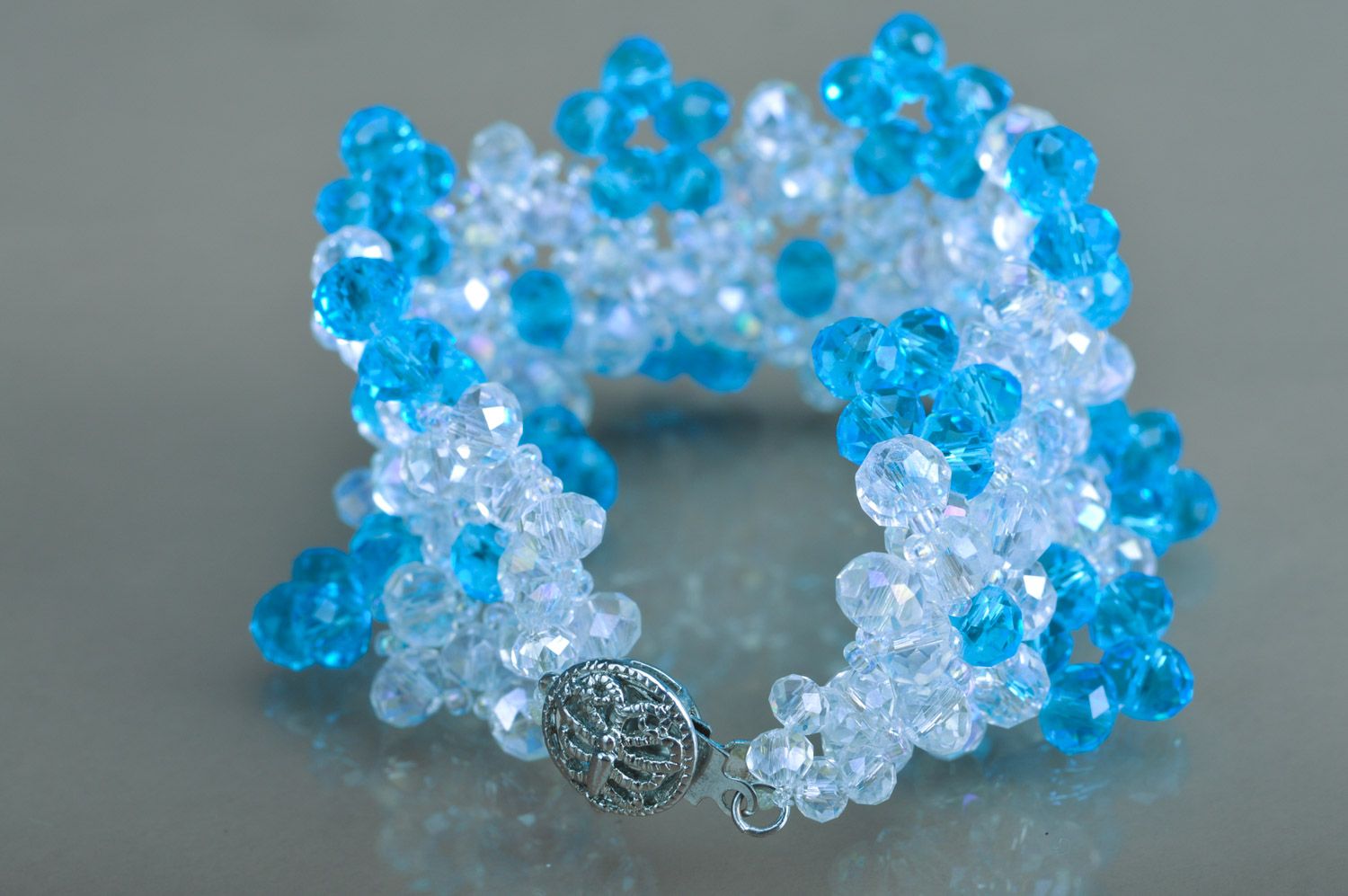 Beautiful handmade women's volume beaded bracelet of gentle white and blue colors photo 5