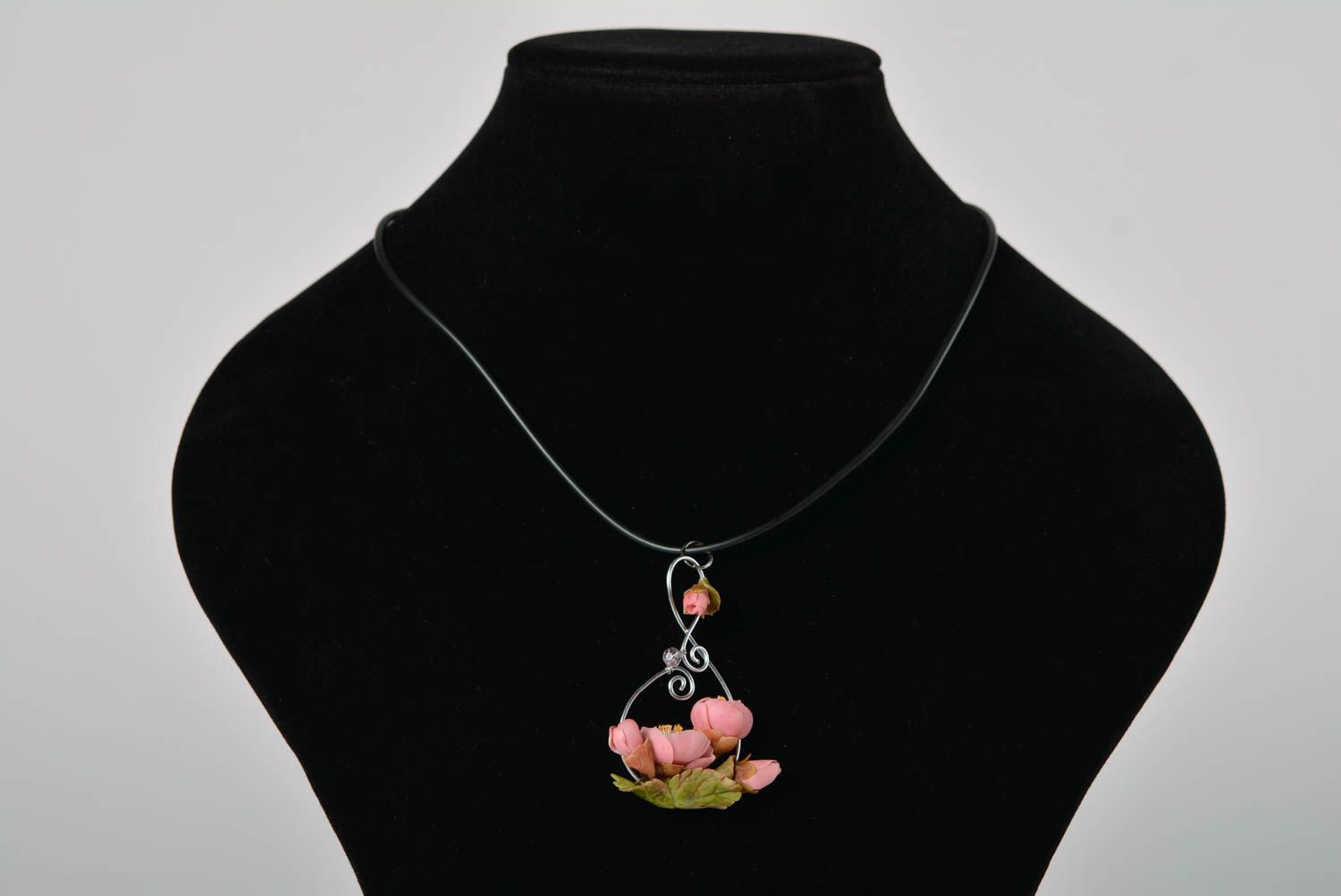 Beautiful handmade designer polymer clay flower pendant on rubber cord photo 1