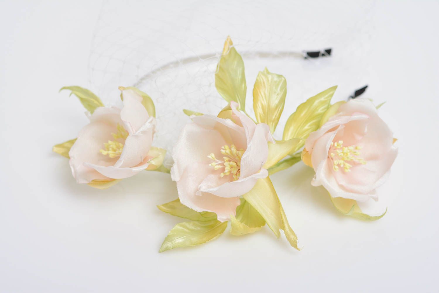 Serre-tête à fleurs en tissu de soie avec filet fait main bijou cheveux photo 1