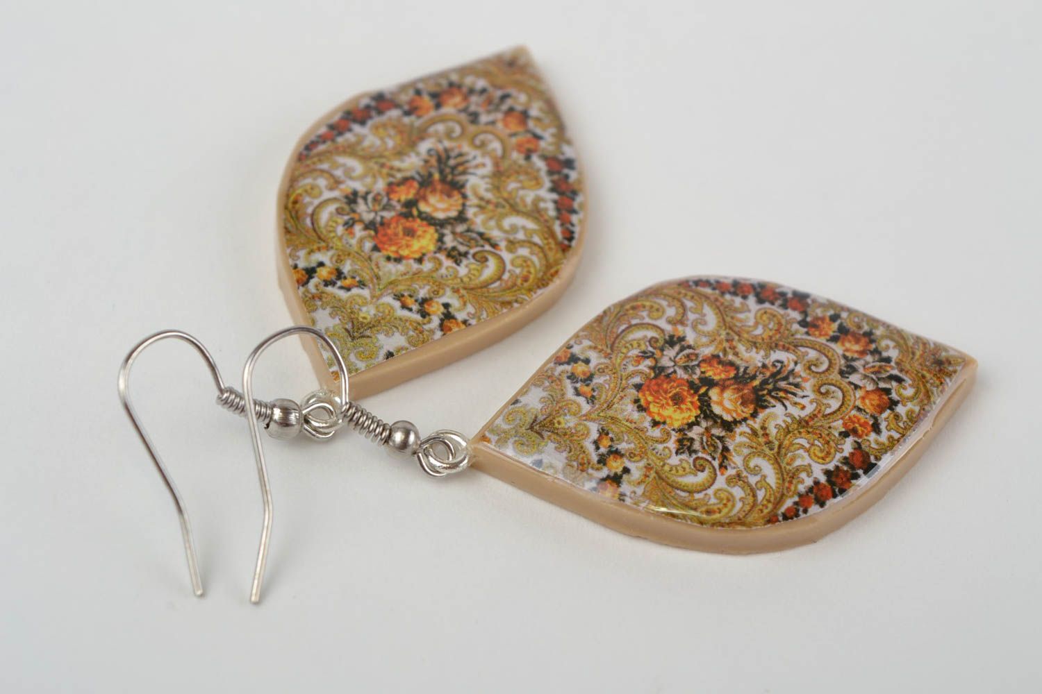 Beautiful handmade designer unusual plastic drop earrings with decoupage photo 4