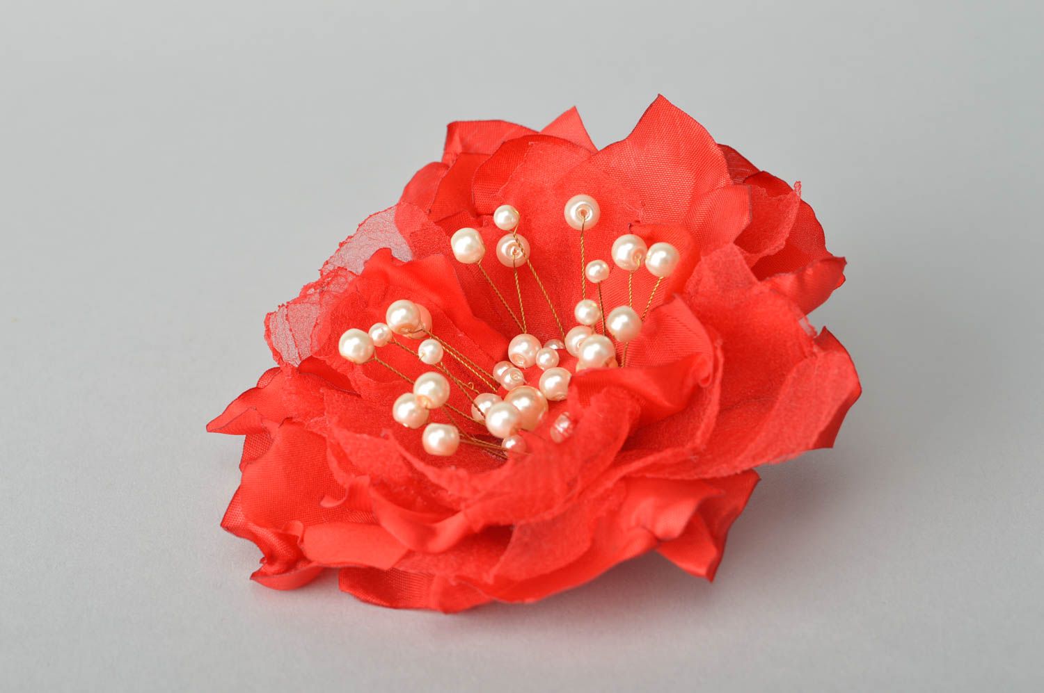 Broche Barrette fleur en soie rouge faite main grande Cadeau pour femme photo 2