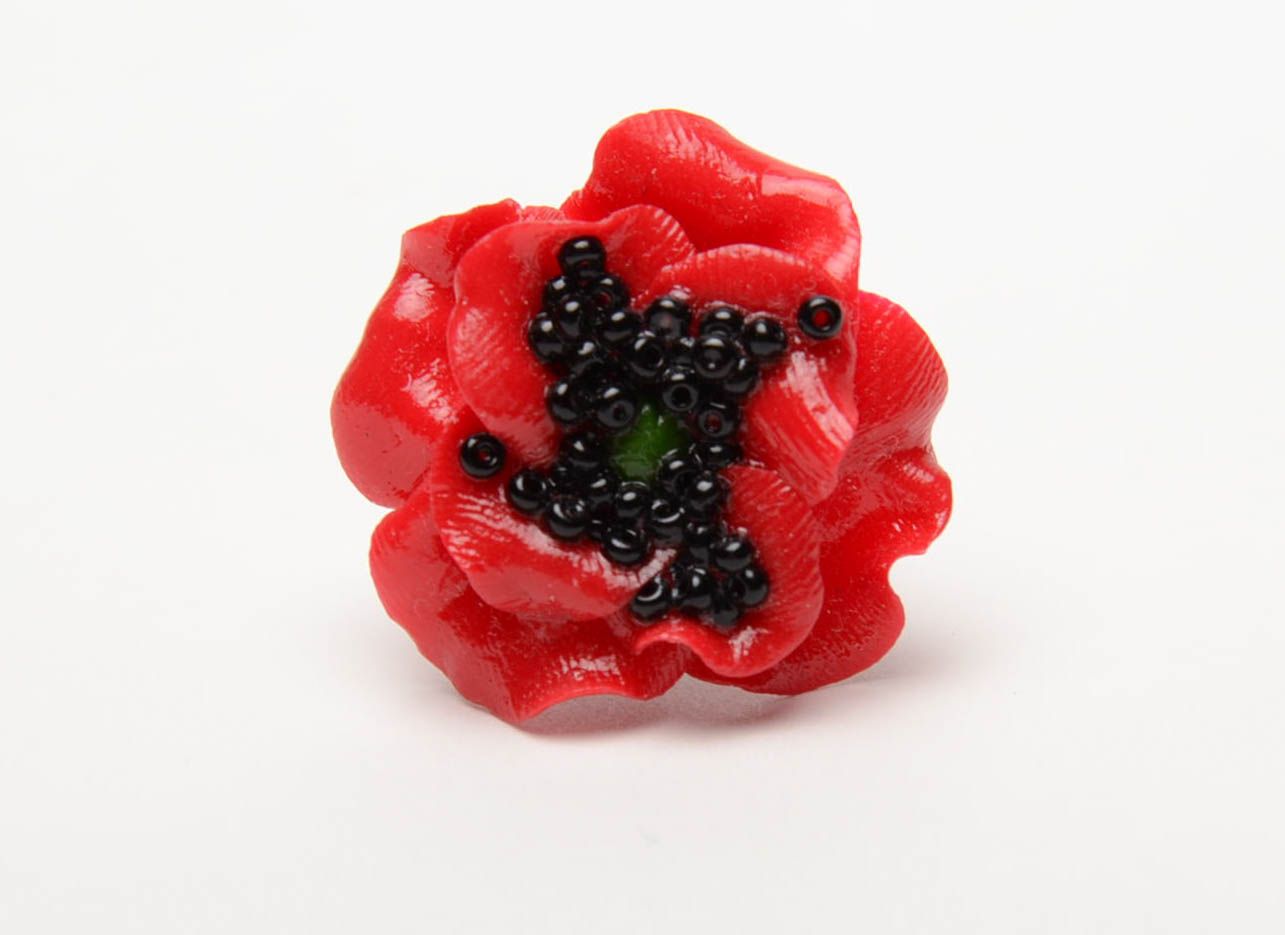 Кольцо цветок из полимерной глины Мак фото 3