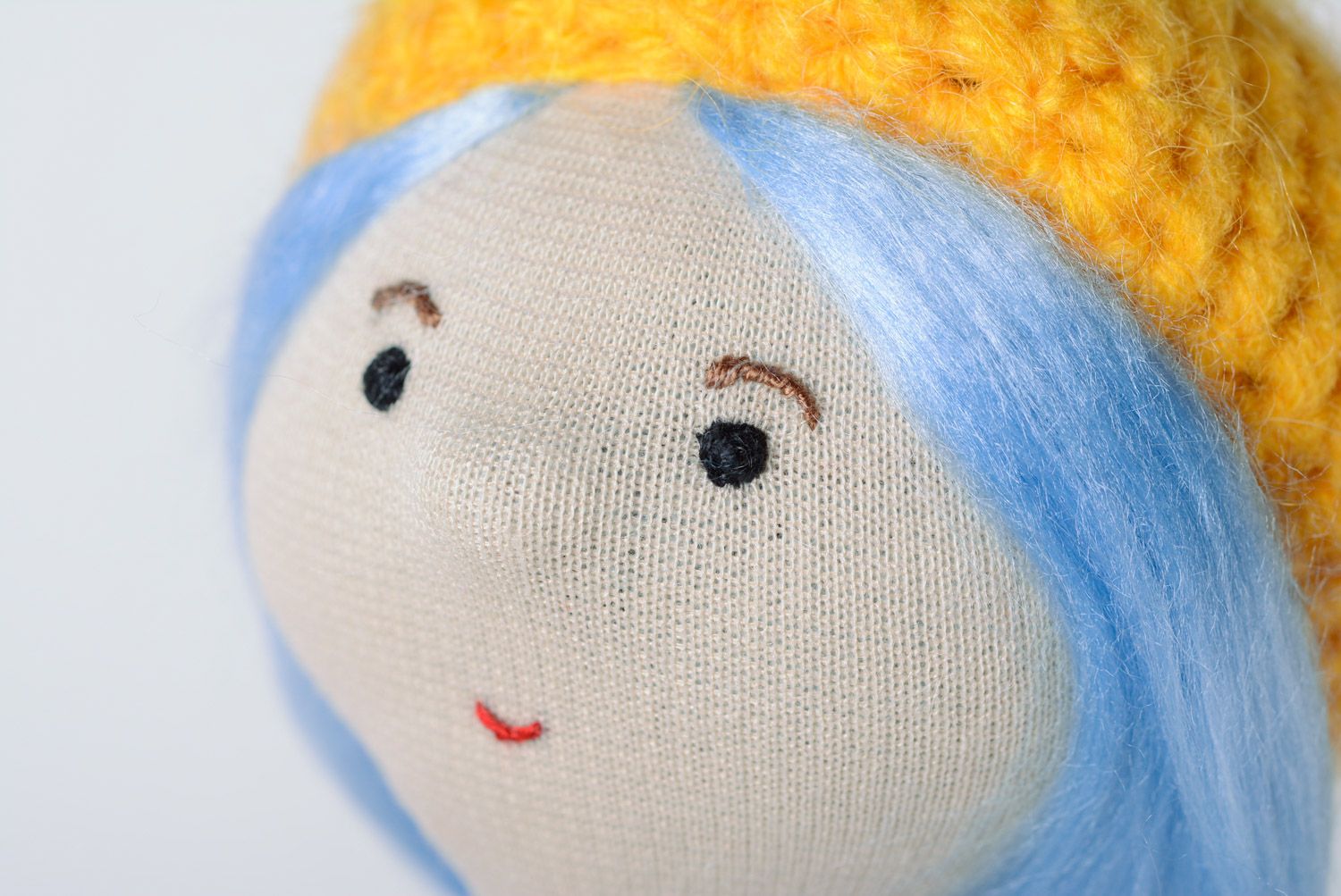 Handmade soft doll sewn of fabric with yellow beret and blue hair for girl photo 2