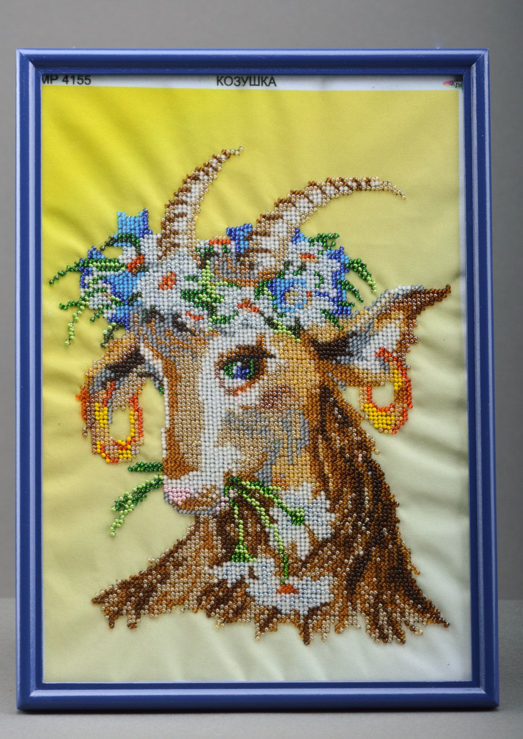 Cute handmade wall picture embroidered with beads without frame Pretty Goat photo 5