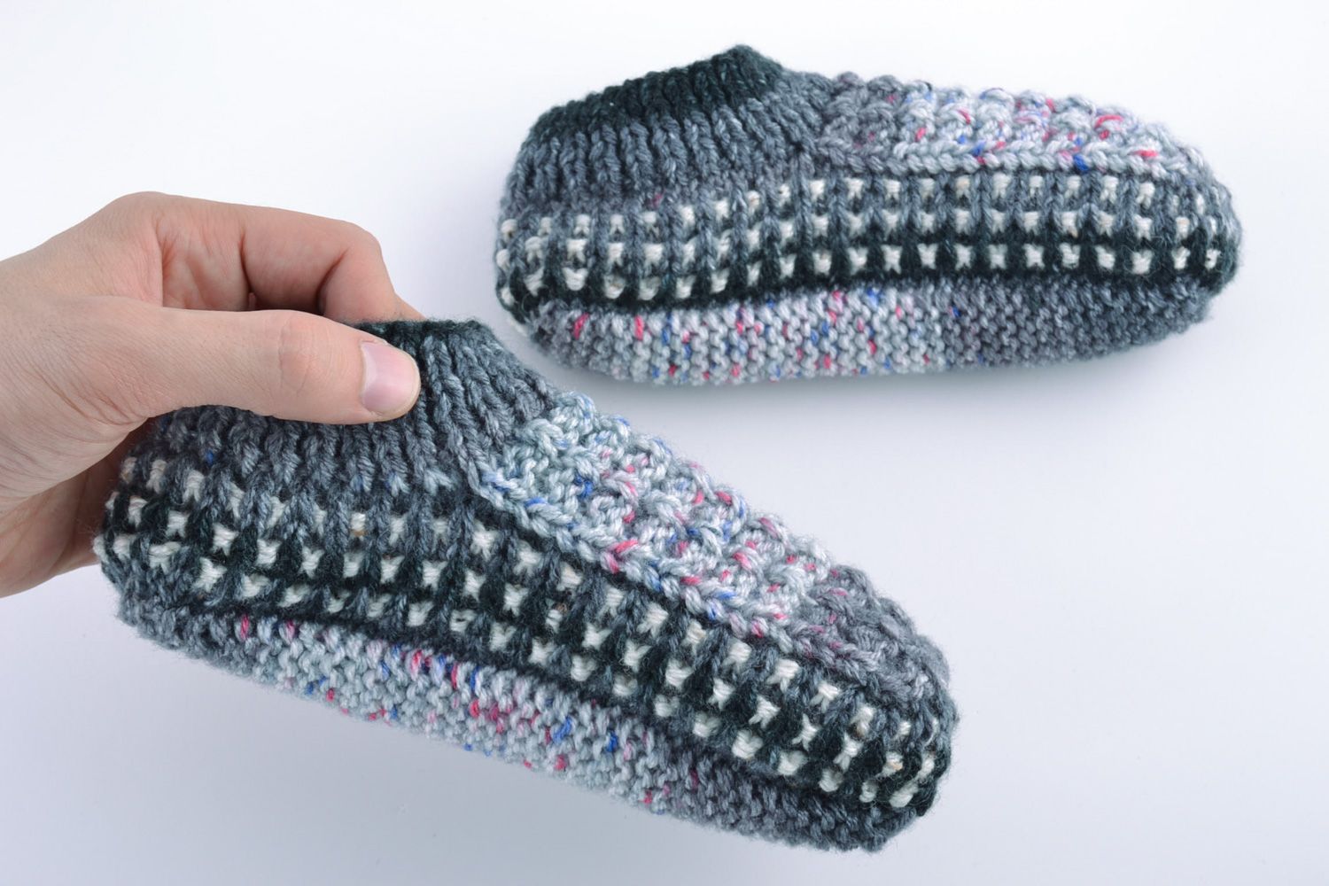 Beautiful handmade designer warm knitted half-wool slippers of gray color for women photo 4