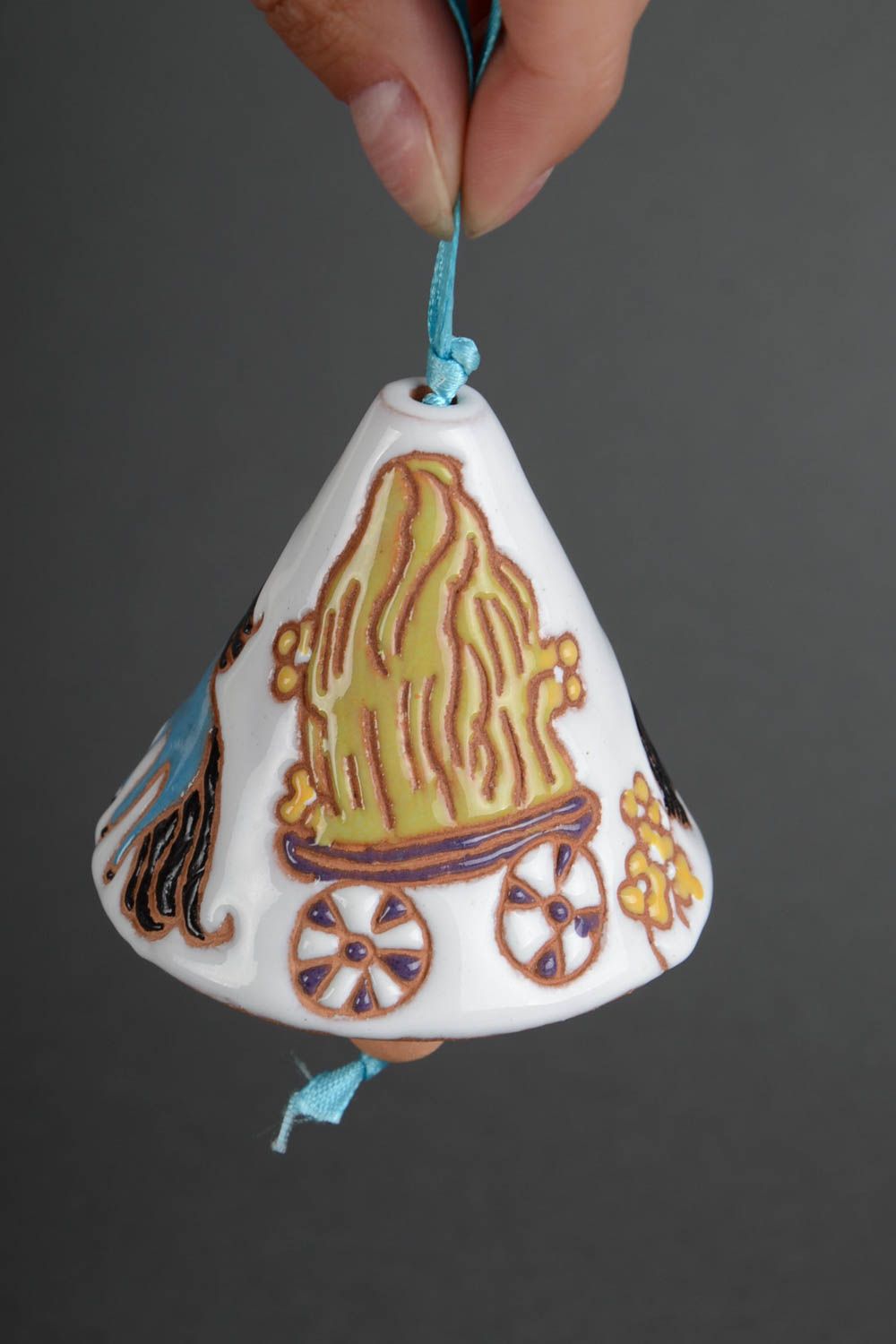 White handmade painted clay bell with horses  photo 5