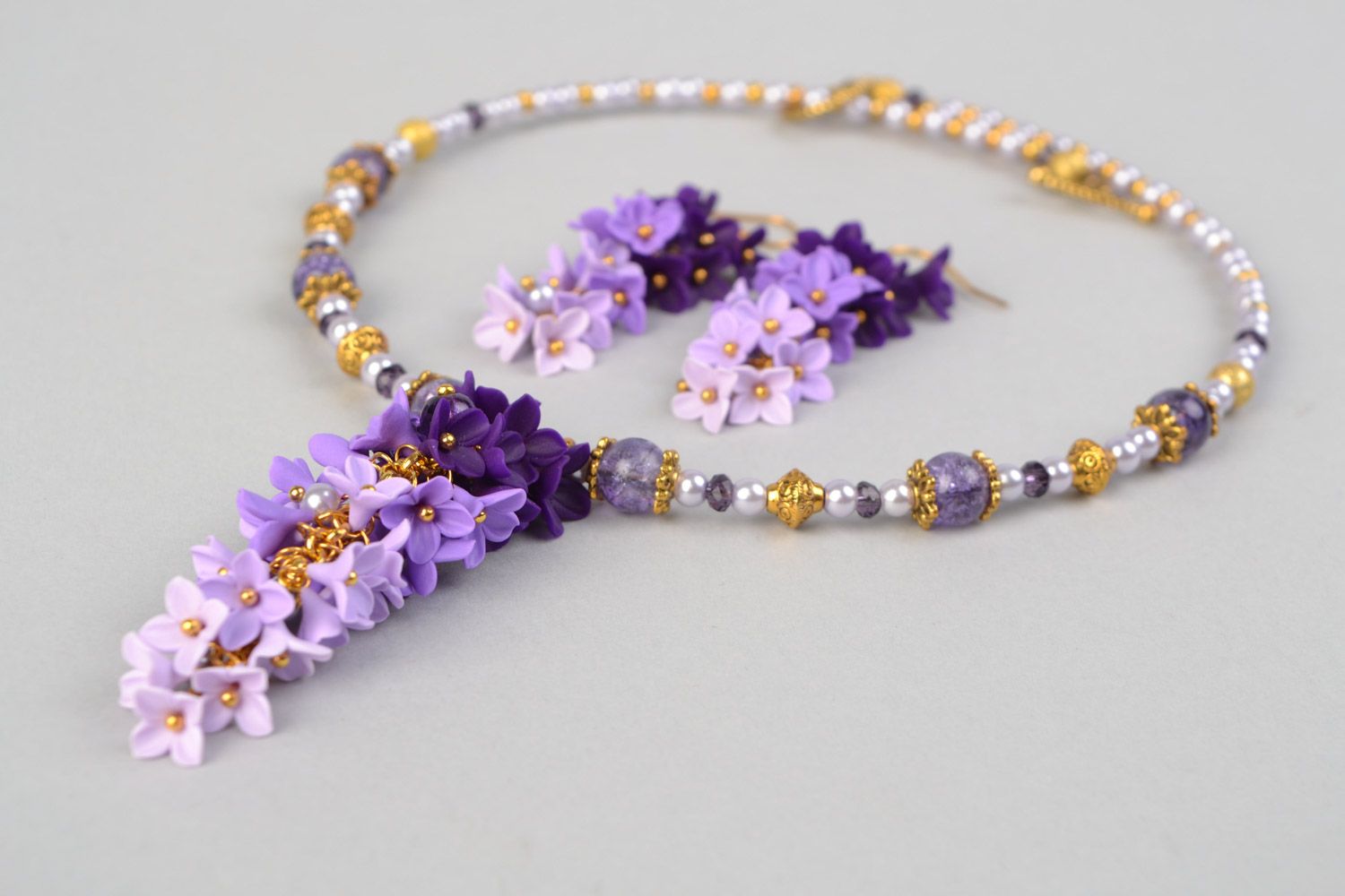 Schmucksachen Set Collier und Ohrringe aus Polymerton  Violette Blumen handmade foto 5