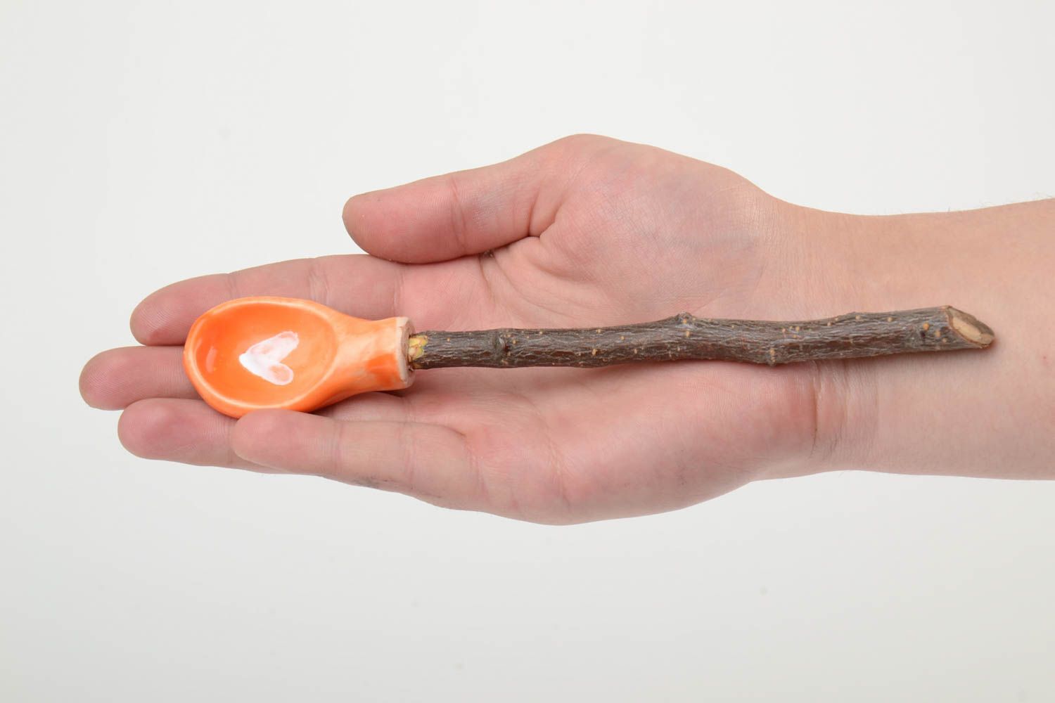 Handmade designer orange clay spoon with apricot wood handle  photo 5