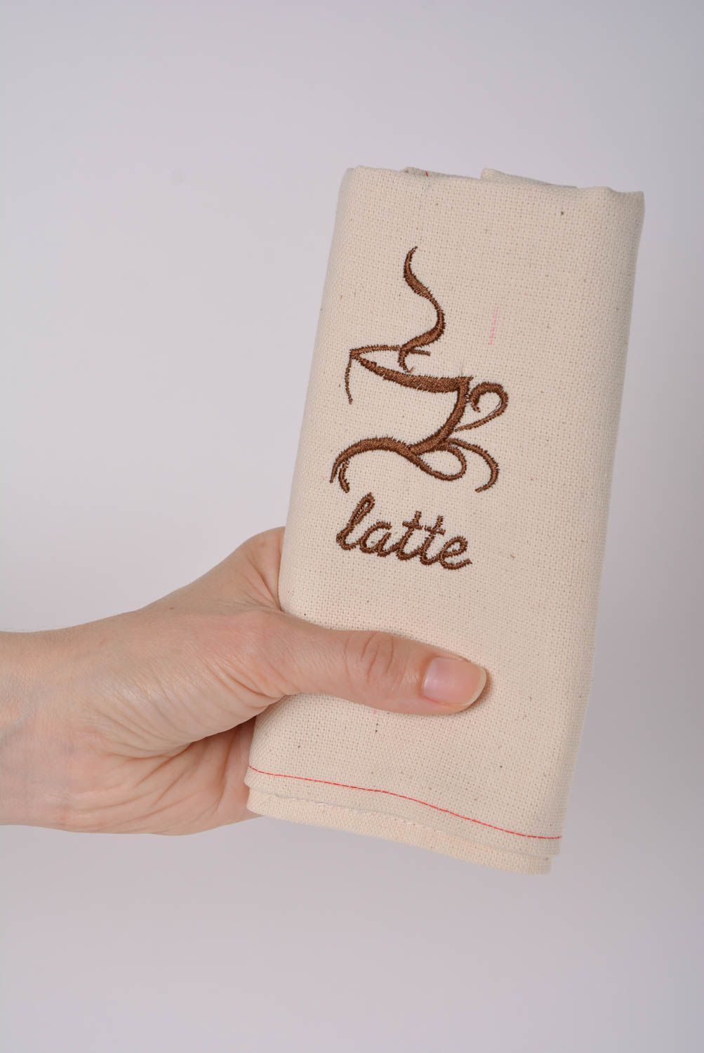 Designer long beige semi linen napkin with handmade embroidery Cup of Latte photo 3