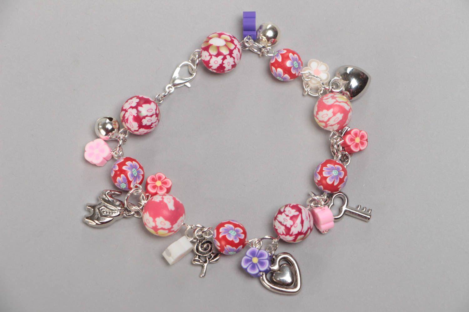 Colorful handmade children's design polymer clay wrist bracelet with charms photo 3