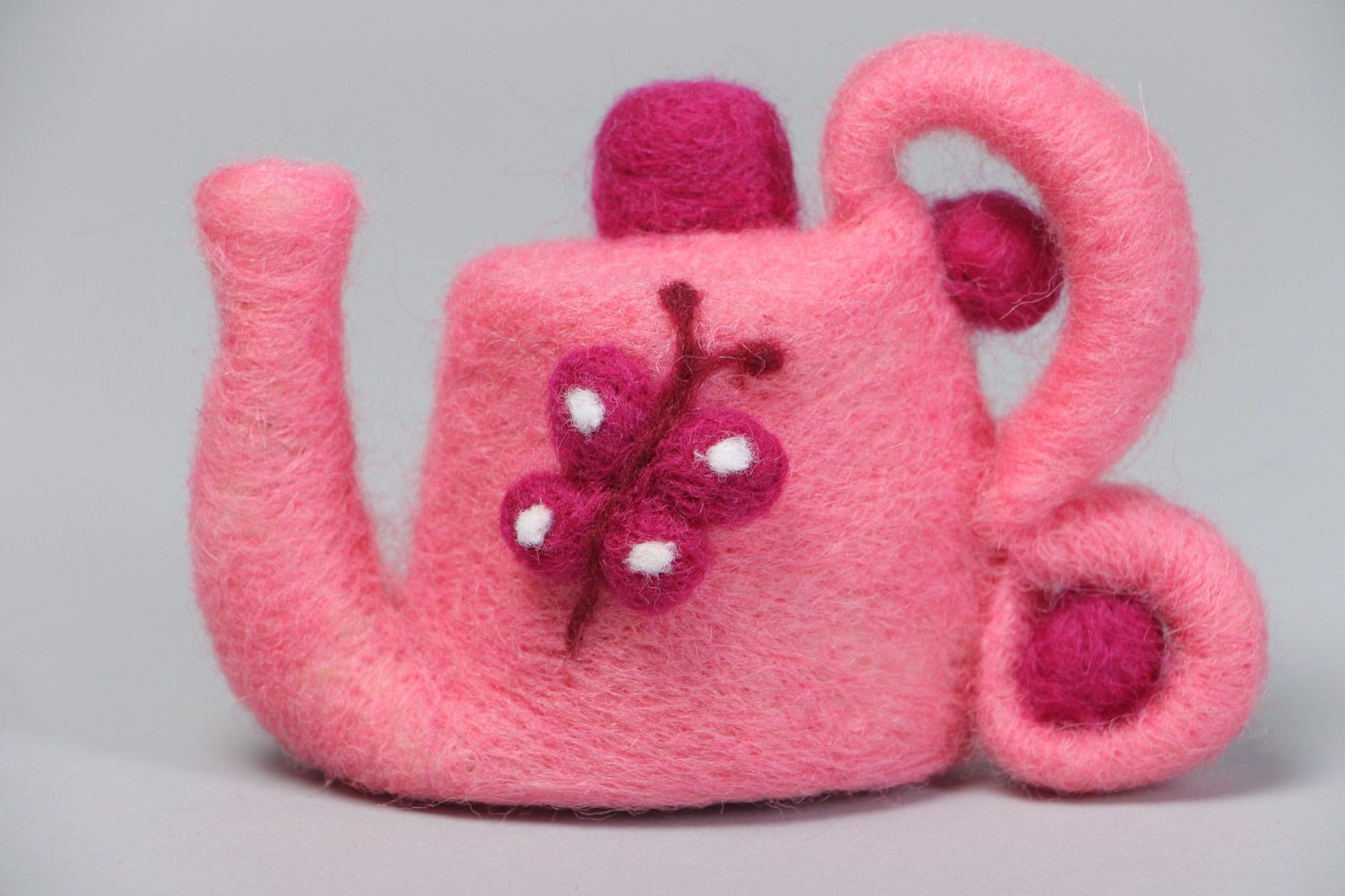 Handmade decorative figurine felted of natural wool Pink Teapot photo 2