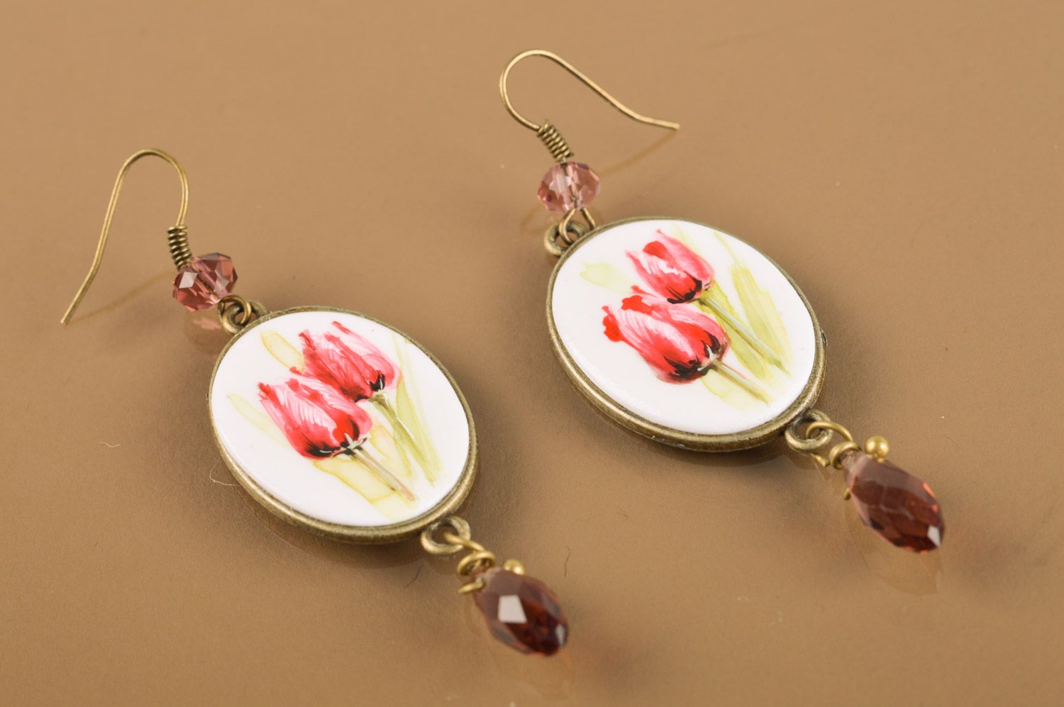 Handmade long metal earrings with tiny painting Tulips photo 2