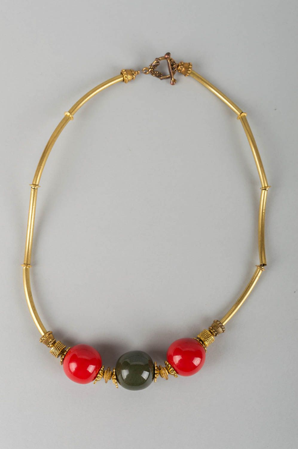Unusual stylish handmade designer metal necklace with porcelain beads photo 2
