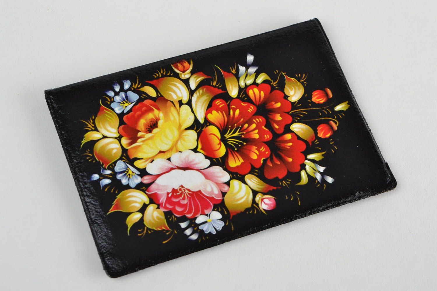 Handmade black faux leather passport cover with decoupage image bright flowers photo 4