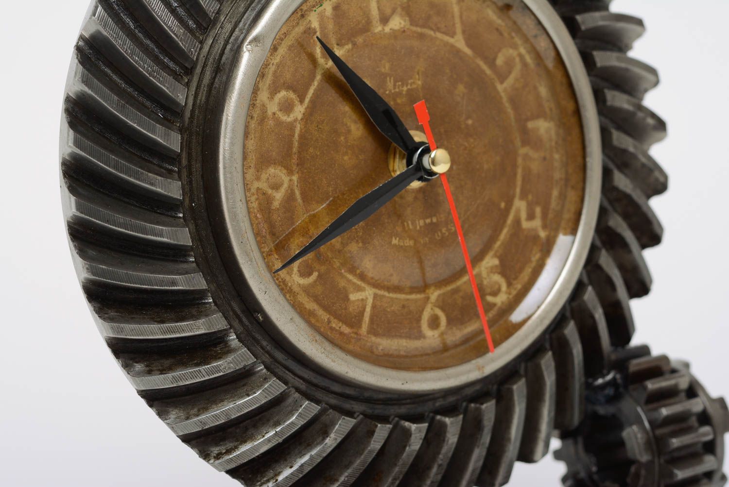 Handmade designer round mechanical metal table clock in techno art style photo 2