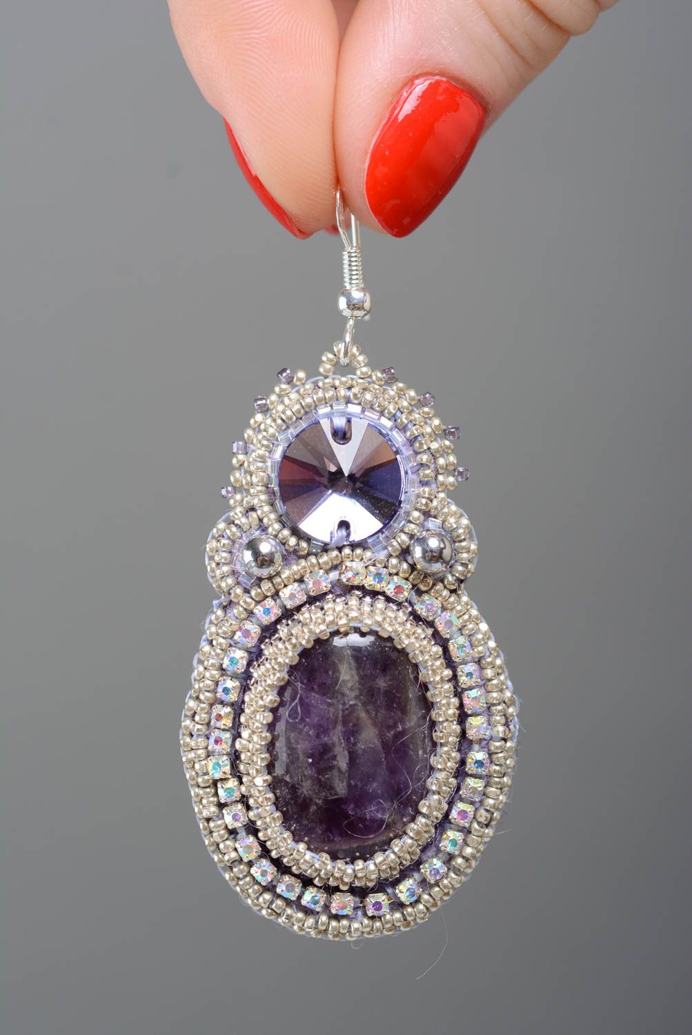 Beaded long earrings with natural stones oval dark elegant handmade jewelry photo 3
