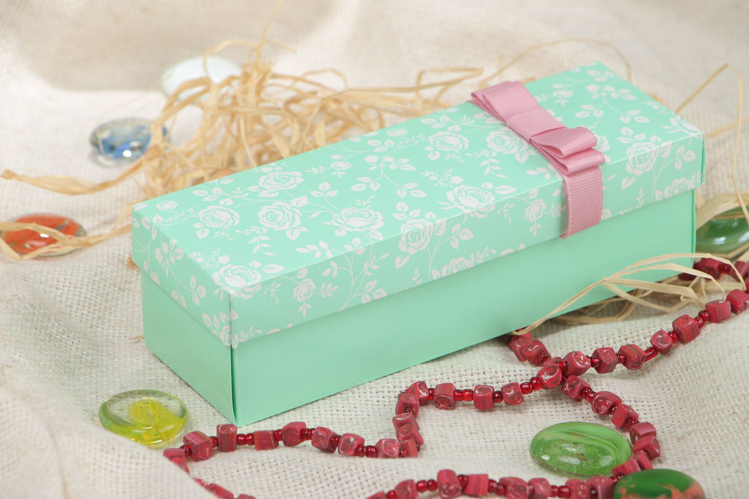 Handmade long decorative carton gift box of mint color with tender pink bow photo 1