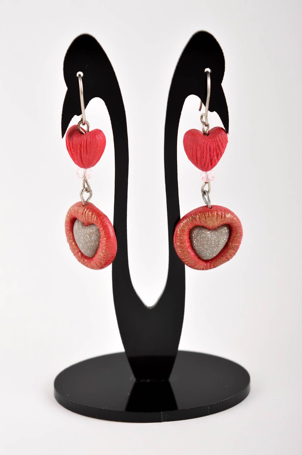 Handmade Modeschmuck Ohrringe Polymer Schmuck Accessoire für Frauen rote Herzen foto 2