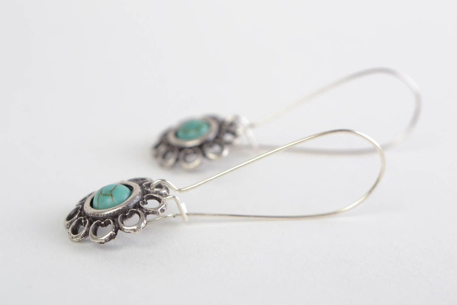 Handmade stylish long designer metal dangling earrings with turquoise stone photo 3