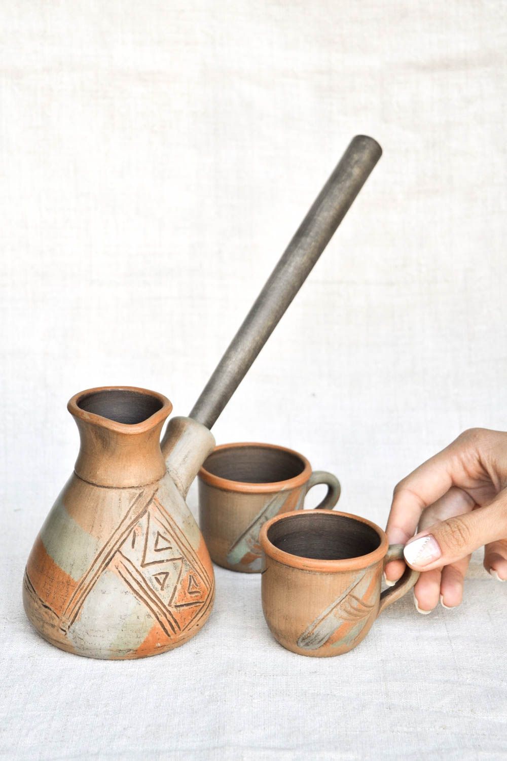 Handmade ceramic cezve clay cups kitchen pottery eco friendly tableware photo 2