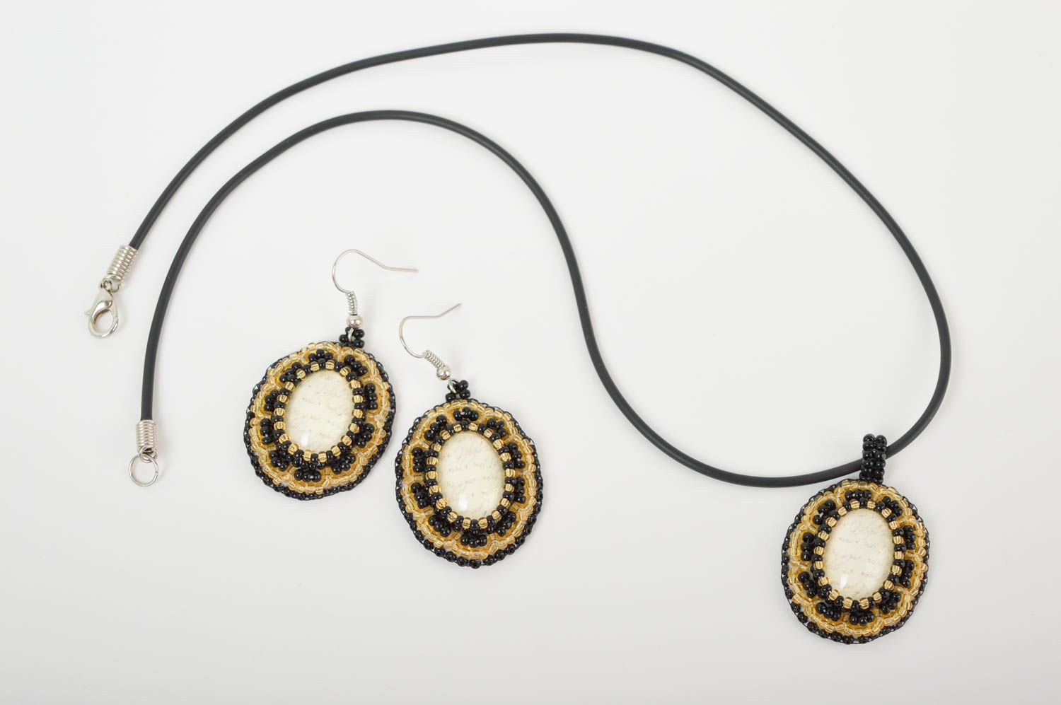 Beautiful handmade cabochon earrings pendant necklace metal jewelry set photo 2