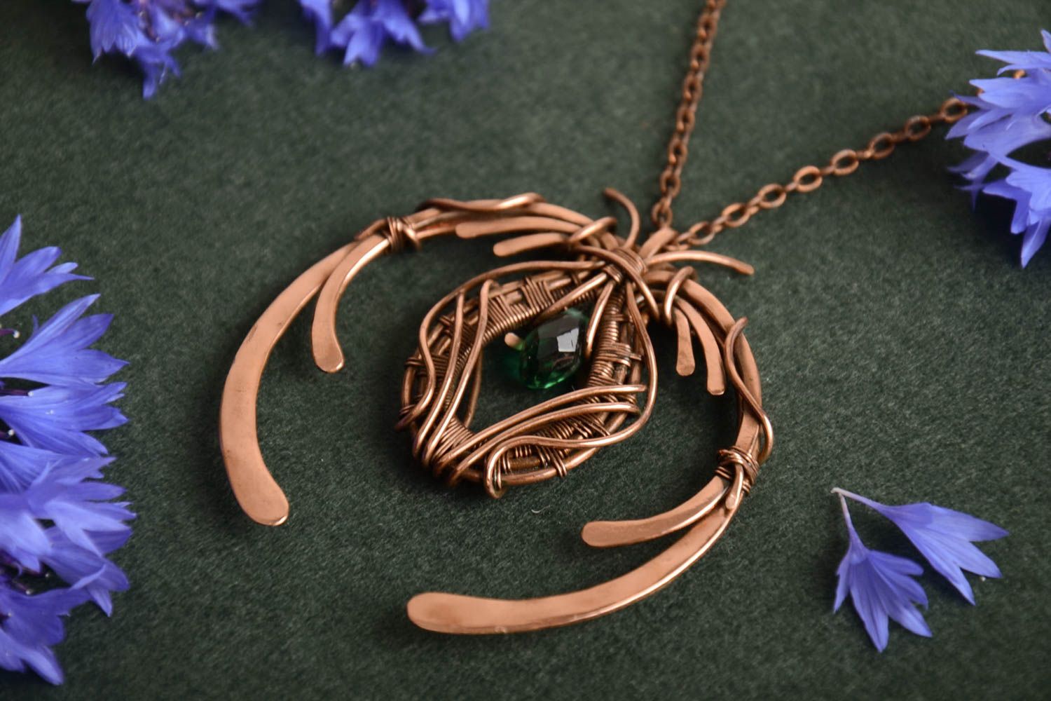 Unusual beautiful handmade wire wrap copper pendant with crystal bead photo 1