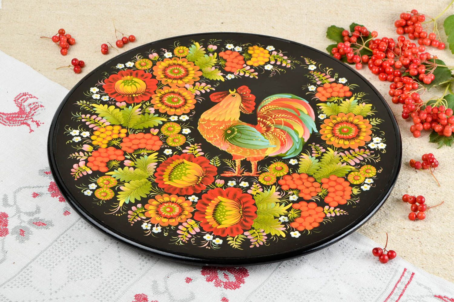 Assiette décorative faite main Assiette peinte coq et fleurs Décoration maison photo 1