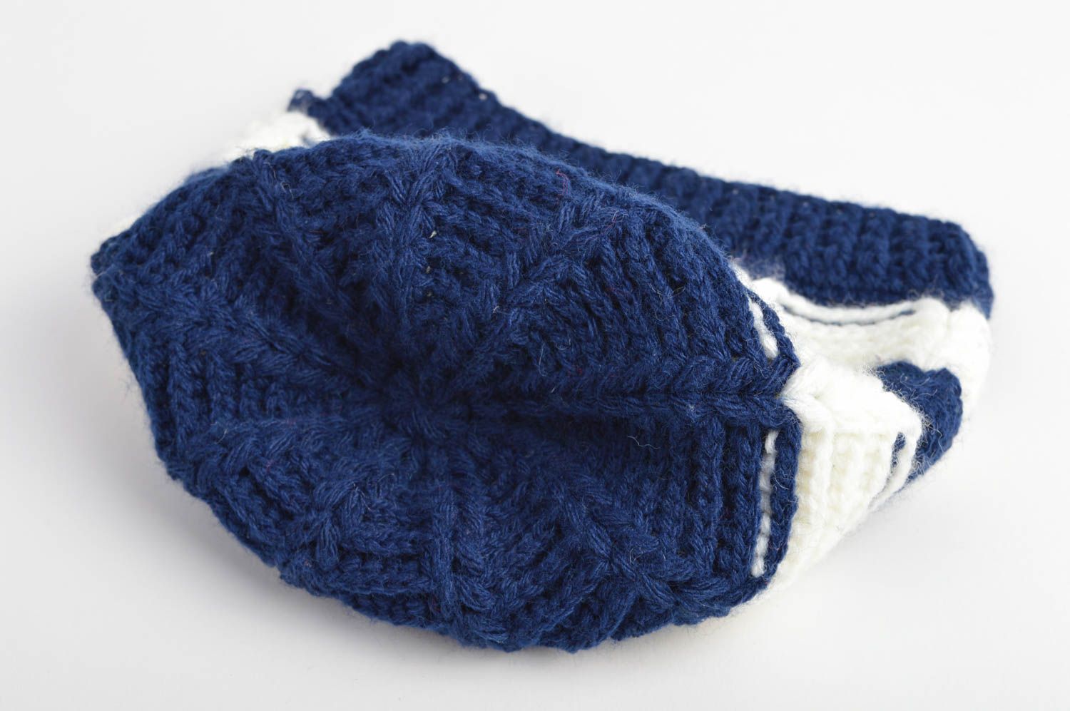 Bonnet tricot fait main Chapeau au crochet bleu blanc rayé Vêtement enfant photo 4