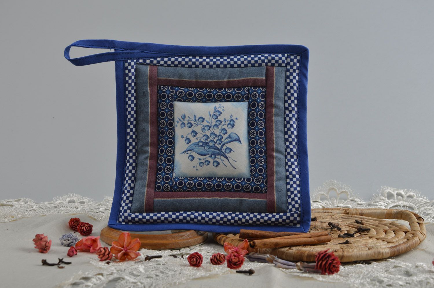 Blauer quadratischer handmade Topflappen aus Baumwolle Küchen Dekoration  foto 3