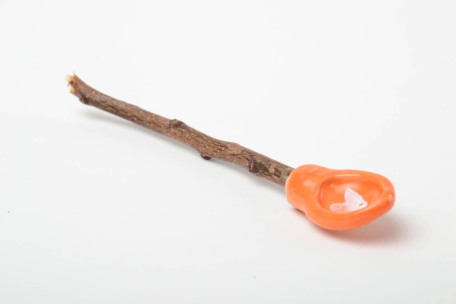 Оранжевая ложка для специй из глины и деревянной веточки абрикоса хэнд мэйд фото 4