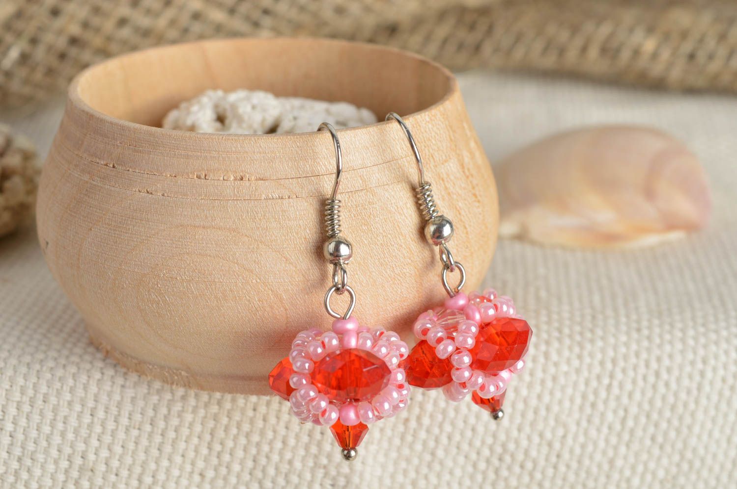 Small neat pink and red beaded dangle earrings with acrylic beads handmade  photo 1