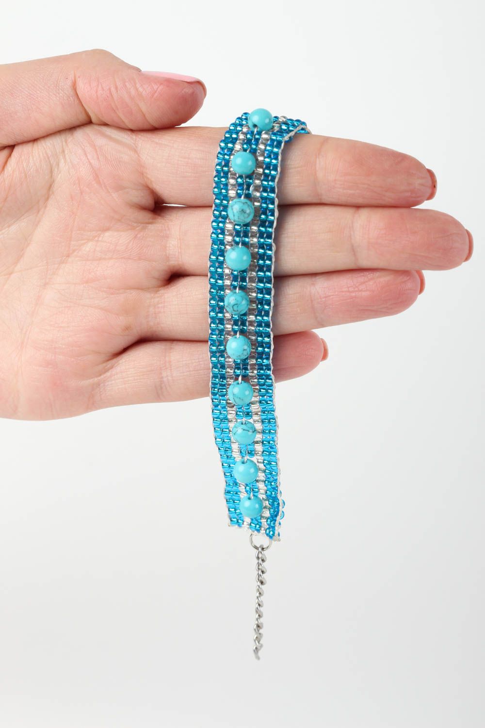 Браслет из бисера браслет ручной работы браслет из бирюзы бело-голубой фото 5