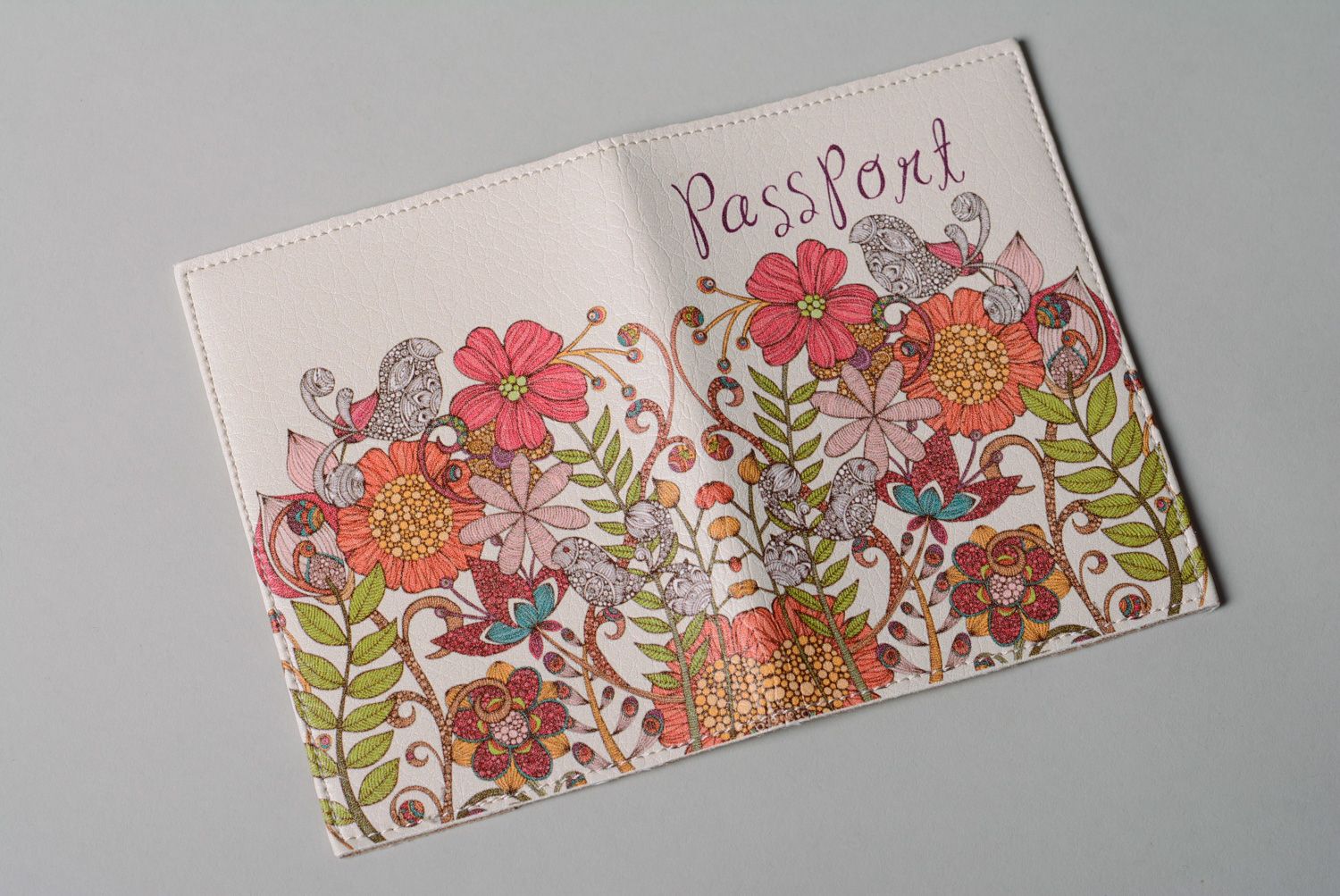 Homemade leather passport cover with flower print photo 2