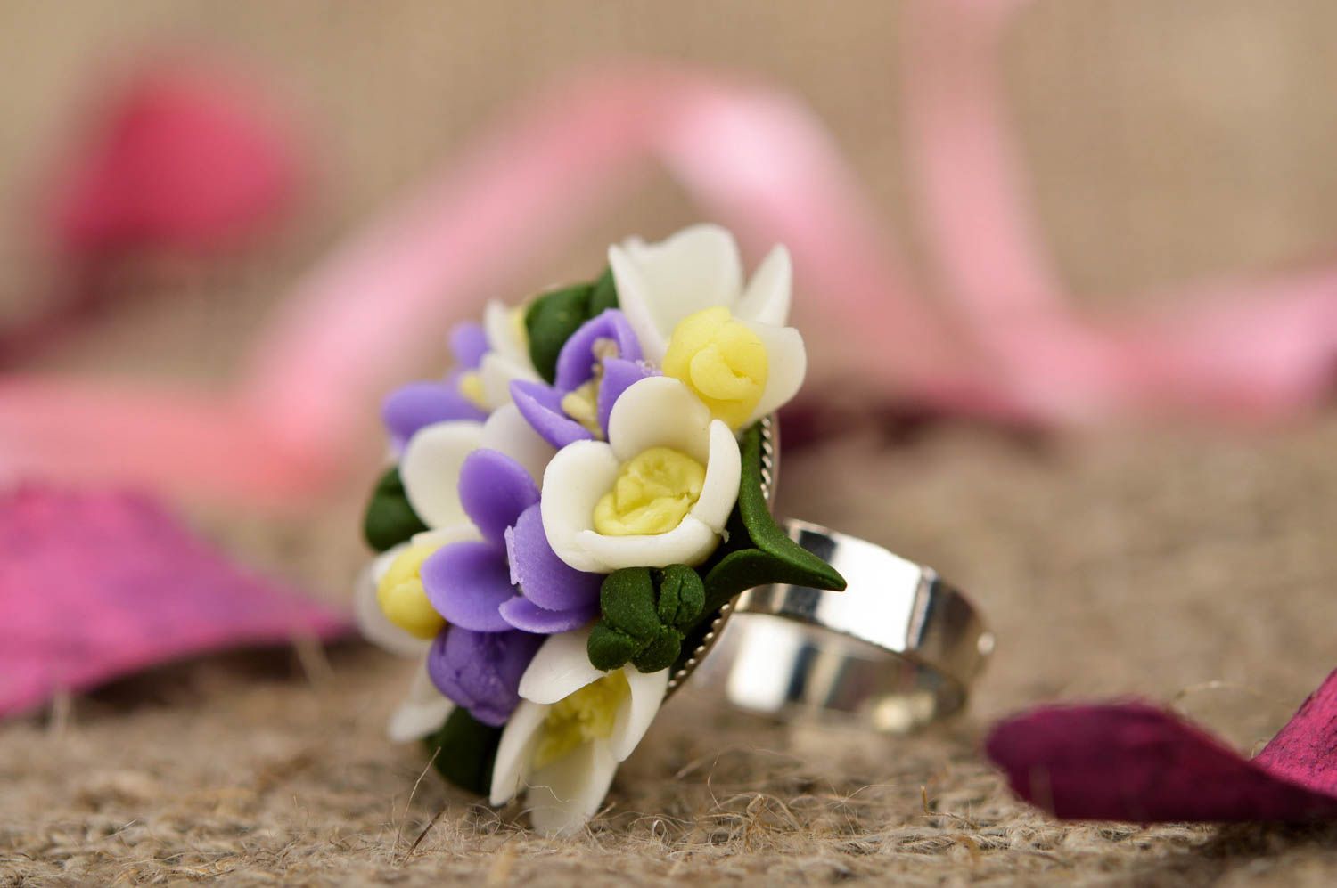 Unusual gentle beautiful handmade polymer clay flower ring designer jewelry photo 1