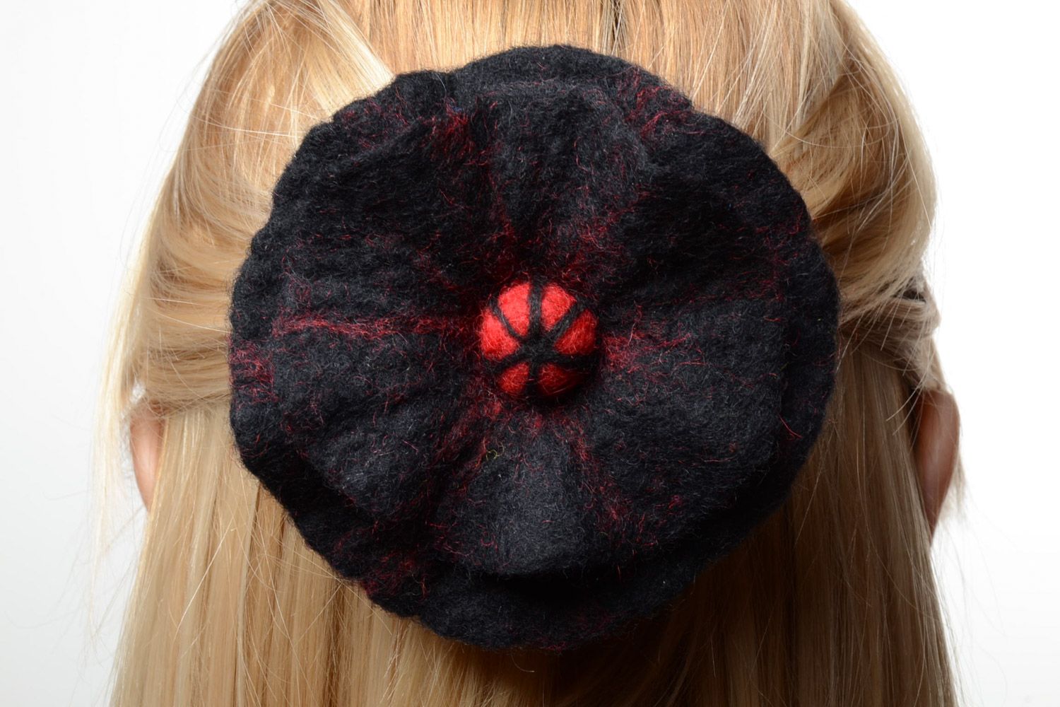Handmade stylish brooch hair clip with large black flower felted of natural wool  photo 1