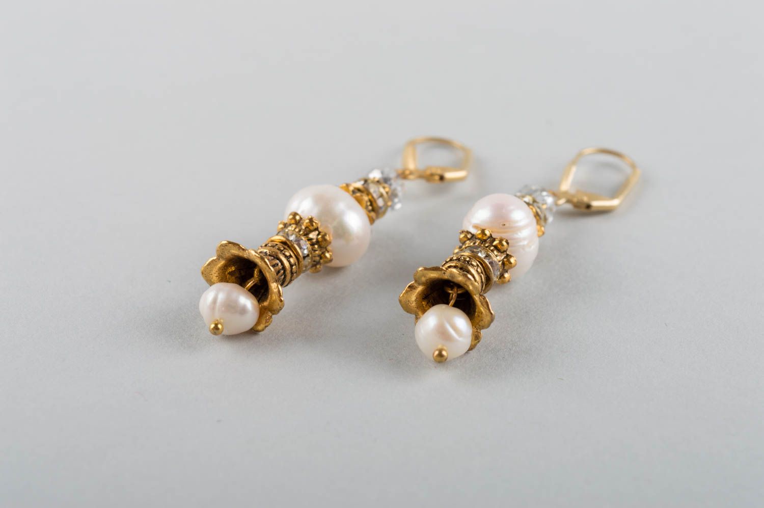 Beautiful refined handmade designer brass earrings with natural pearls  photo 3