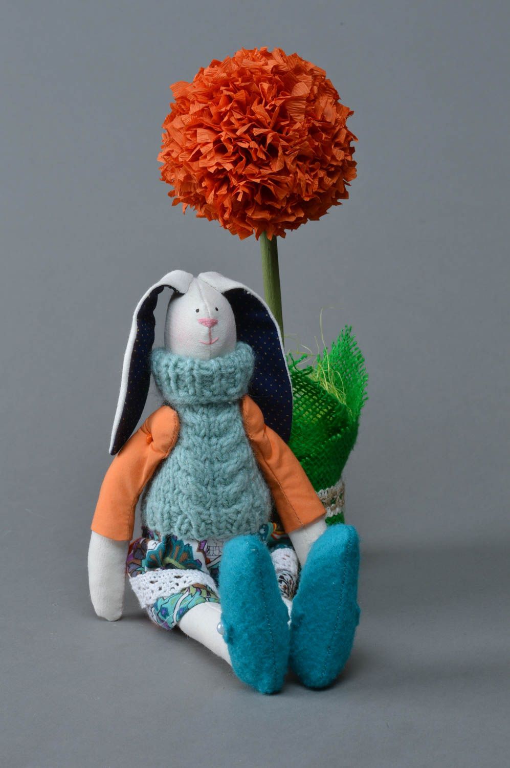 Handmade interior designer fabric soft toy rabbit in blue knit sweater photo 2