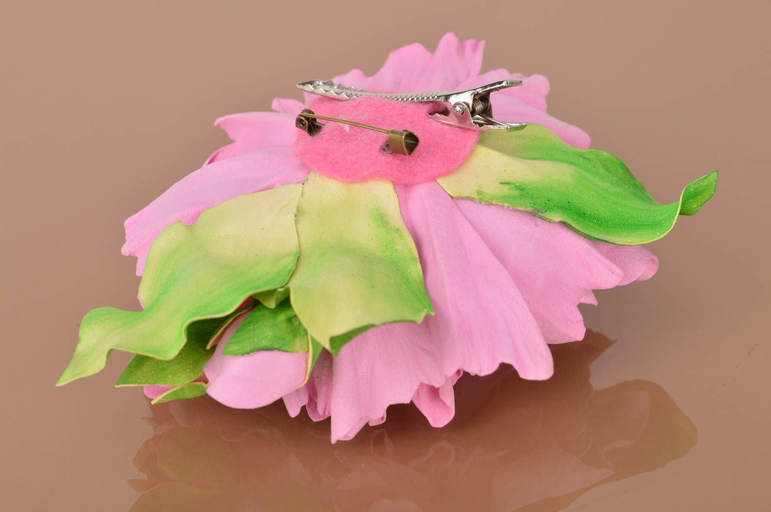 Volume beautiful brooch hai clip in the form of pink peony handmade accessory photo 4