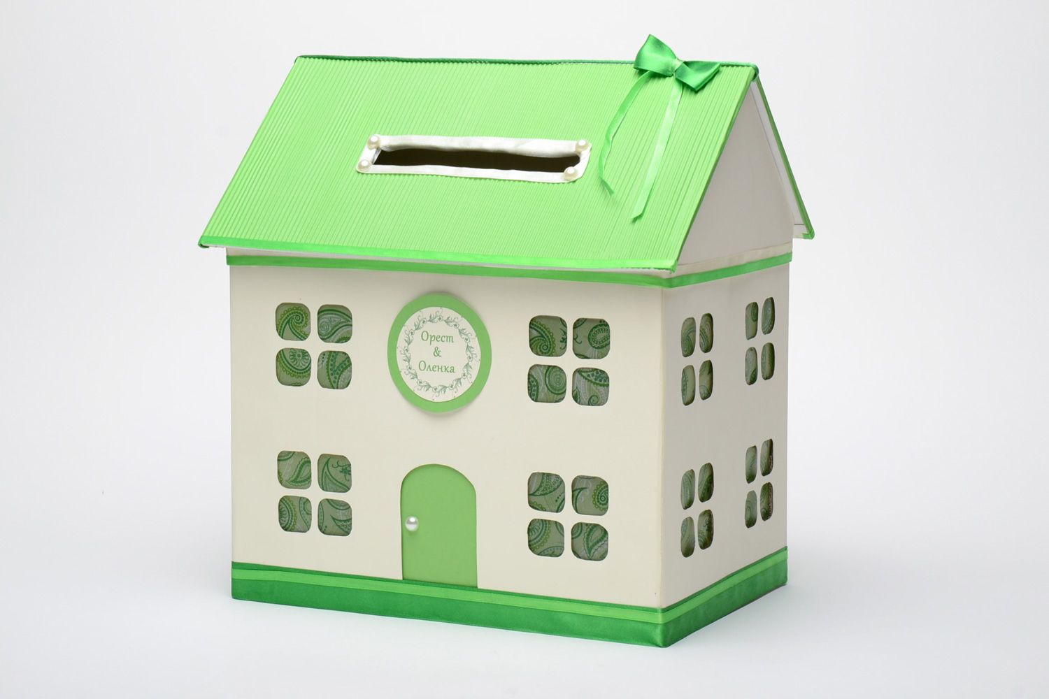 Handmade paper wedding money box house in white and green color palettes  photo 2