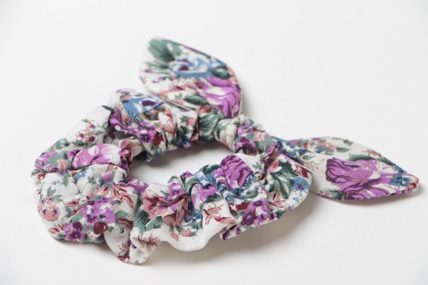 Decorative handmade viscose fabric hair band with violet floral pattern with bow photo 3